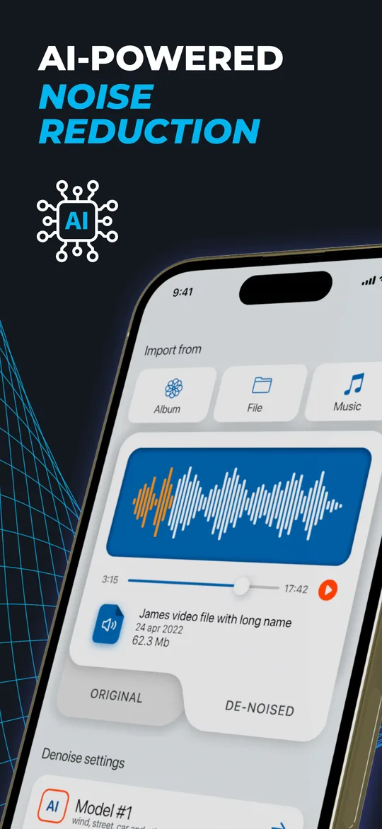 Denoise.FX main screen with an imported file and an audio waveform