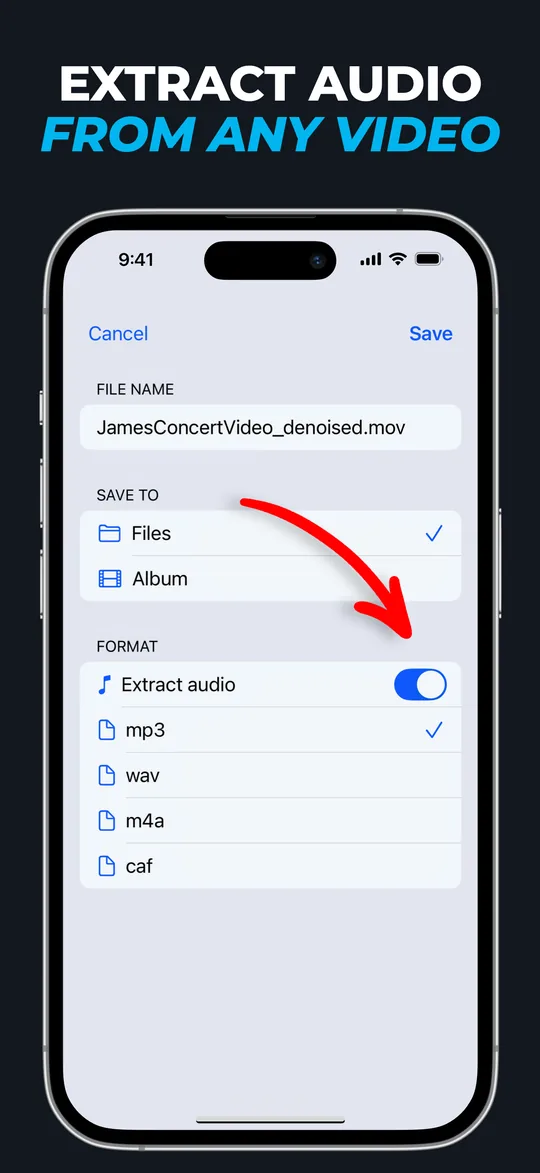 Save screen with the extract audio option and mp3, wav, m4a and caf formats