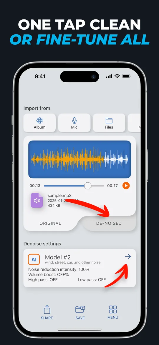 Switching between the original and the de-noised version during playback