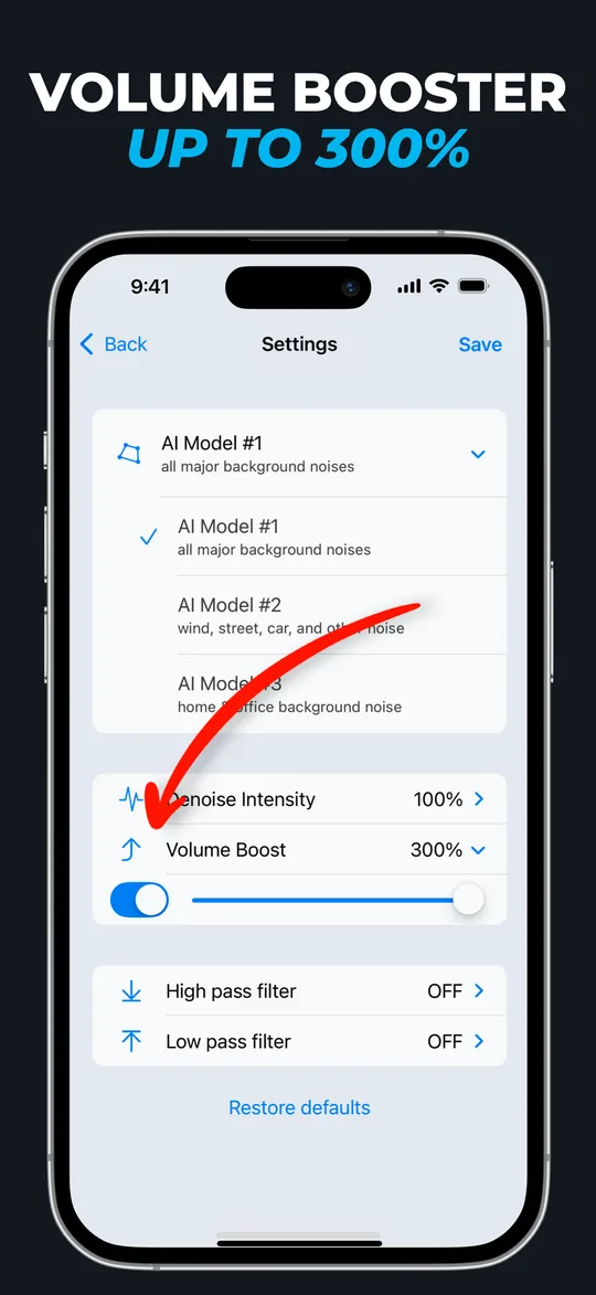 Settings with three AI models, denoise intensity, volume boost and pass filters