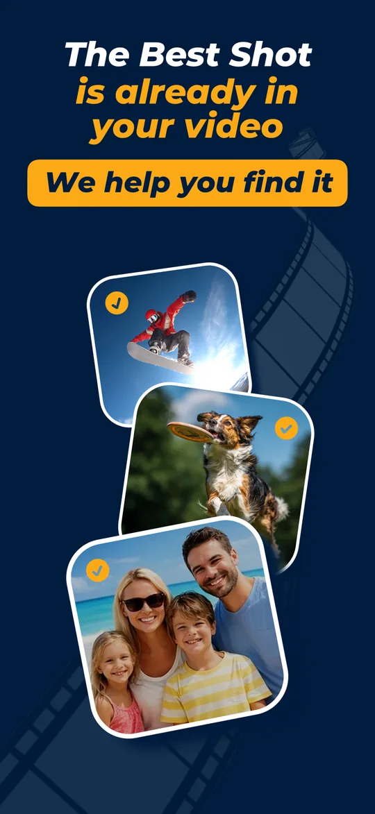Three still frames picked out of a video: a snowboarder, a dog catching a frisbee and a family portrait