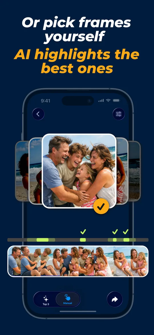 Manual frame browsing with AI-highlighted segments marked on the timeline