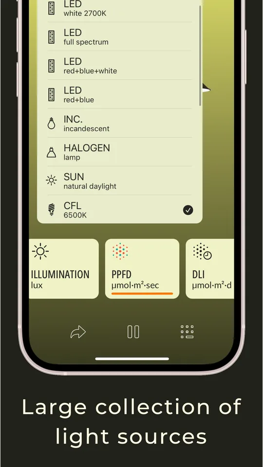 Light source list with LED, incandescent, halogen, sun and CFL options and the illumination, PPFD and DLI tabs