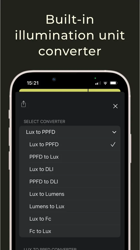 Built-in converter offering lux to PPFD, lux to DLI, PPFD to DLI, lux to lumens and lux to foot-candles