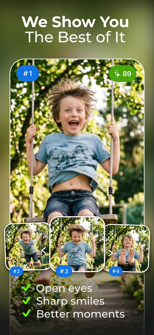 The top ranked frame of a child on a swing, with the next three frames below it