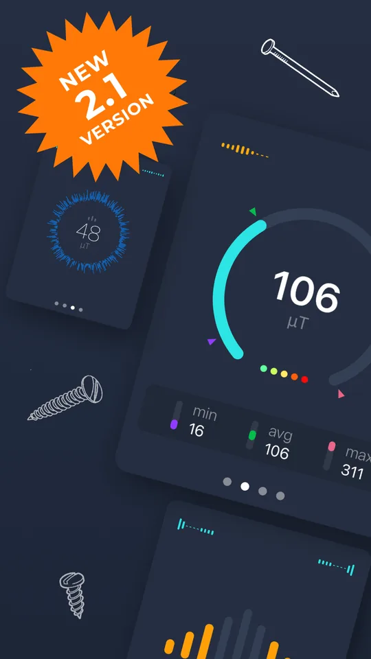 Gauge view reading 106 microtesla with minimum 16, average 106 and maximum 311