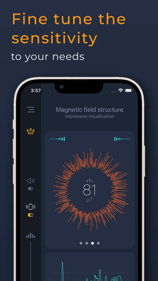 Sensitivity slider and sound and vibration toggles alongside the field structure view